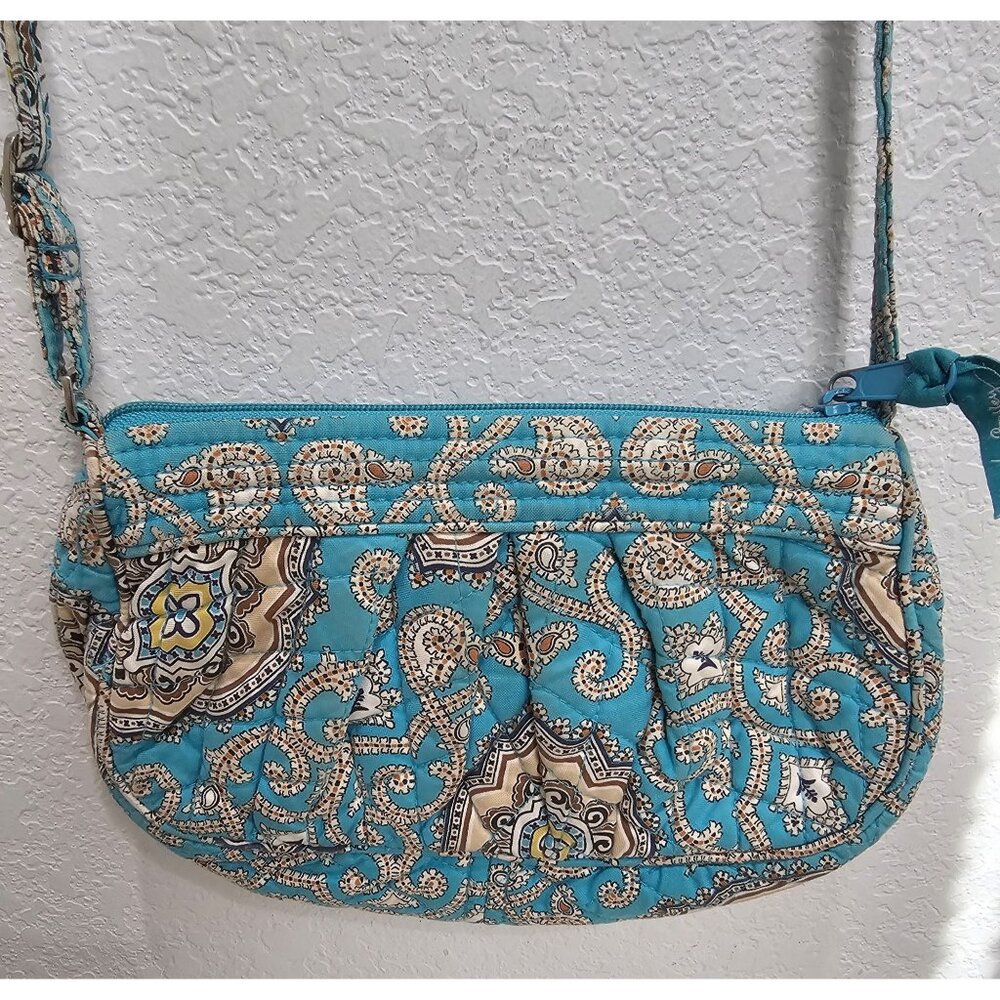 Vera Bradley Purse Small Cotton Quilted Adjustable Crossbody Teal White Tan